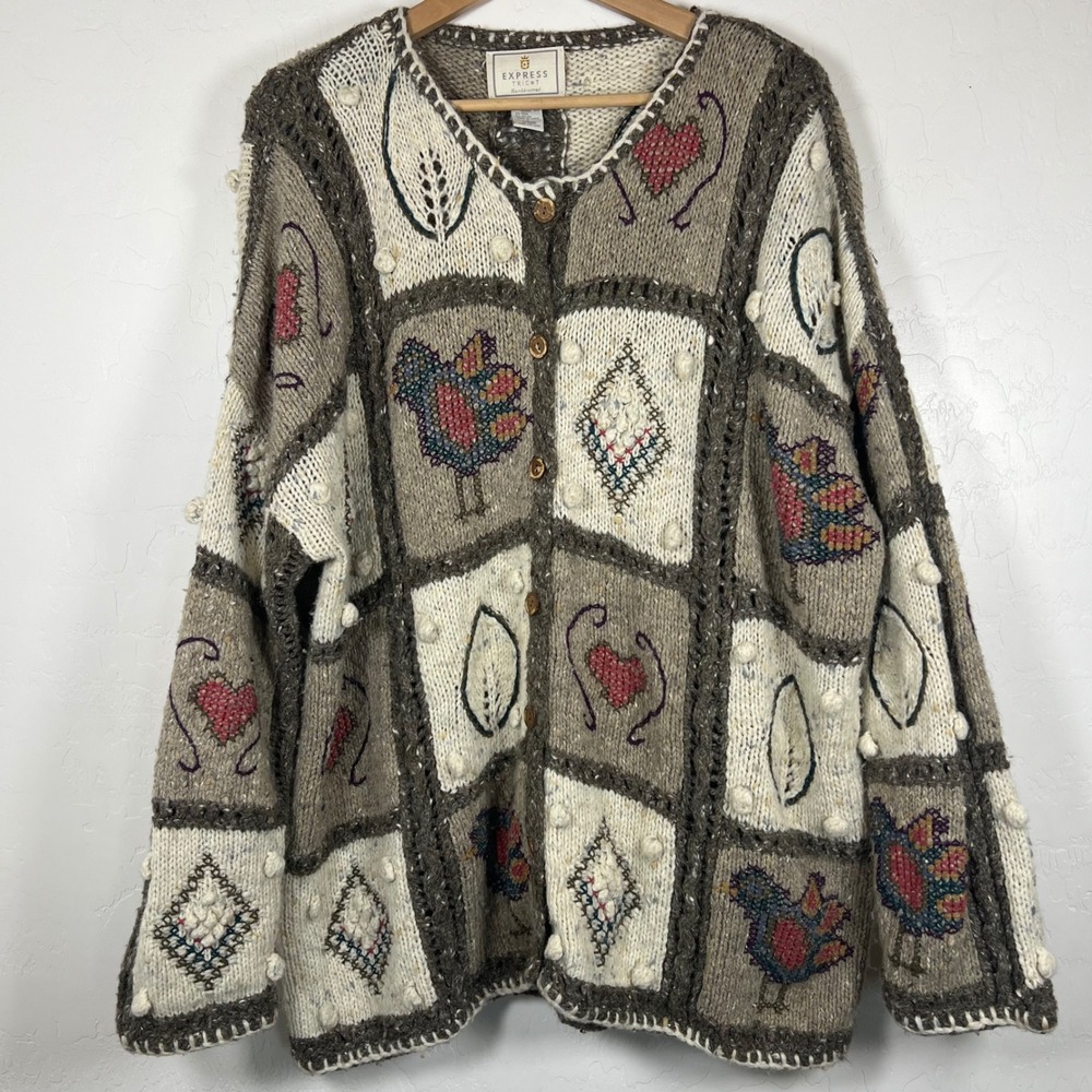Express Tricot Hand Knitted Patchwork Cardigan Chicken Heart Popcorn Sweater L